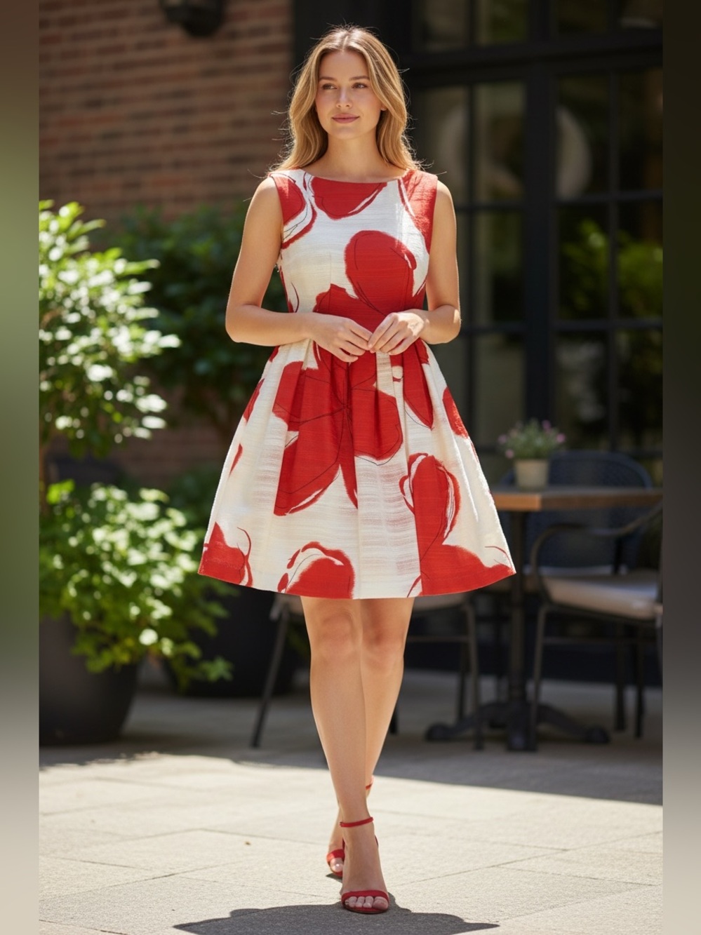 Alice + Olivia White Dress with Bold Red Floral Print size 2